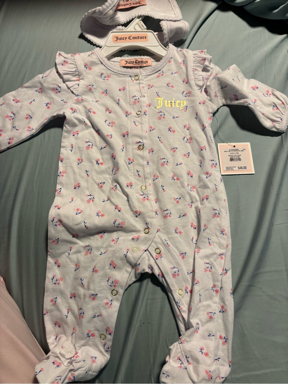 Juicy Couture White Floral Footed One-Piece with Gold Logo Bib - Picture 2 of 5